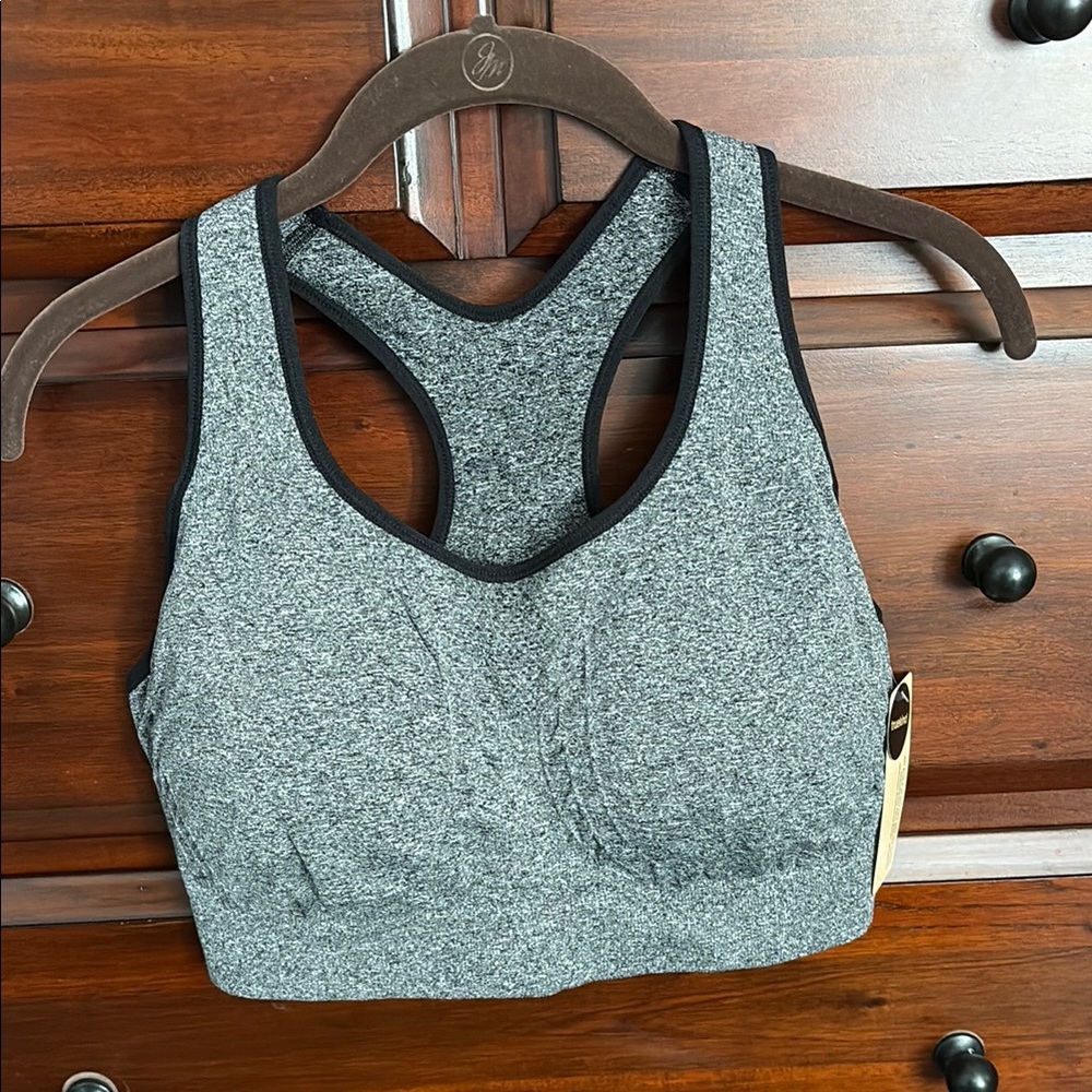 True kind Seamless Racerback Gray Sports Bra with Black Trim and Removable cups